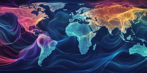 Wall Mural - flowing data lines across continents in a high-contrast color scheme,space for text