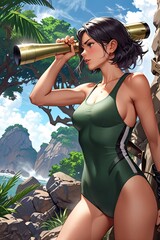 Woman in Swimsuit using Spyglass on Tropical Island