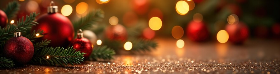 Wall Mural - festive christmas decorations with glowing lights. red, silver ornaments on fir branches. bokeh effe