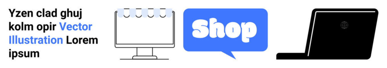 Three elements including a desktop screen, shop text in a speech bubble, and a laptop. Ideal for e-commerce, online shopping, technology, web development, and business. Banner for landing page