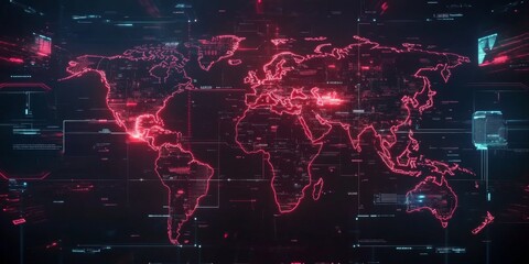 Wall Mural - futuristic world map with holographic effects and interconnected nodes,space for text