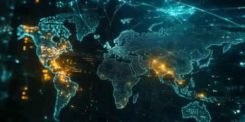 Wall Mural - futuristic world map with holographic effects and interconnected nodes,space for text