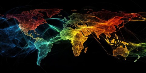 Wall Mural - digital map showing interwoven lines across continents symbolizing trade,space for text