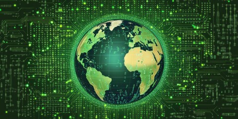 Sticker - earth in abstract style, connected with binary code and digital circuits,space for text