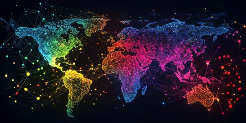 Wall Mural - vibrant global network with interconnected dots and lines in neon colors