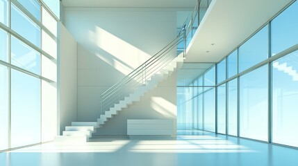 Aufkleber - Modern Minimalist Interior with Bright Natural Light Highlighting a Unique Staircase in a Spacious Open Plan Design with Large Glass Windows