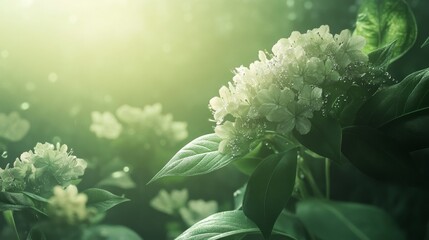 Aufkleber - Beautiful close-up of white flowers with raindrops glistening on lush green leaves, creating a serene and tranquil atmosphere in nature, perfect for botanical themes.