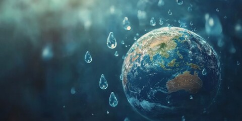 Wall Mural - global water crisis : droplets, wells, and icons showing water scarcity across continents