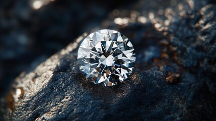 Aufkleber - Stunning close-up of a brilliant round cut diamond resting on a textured surface, highlighting intricate facets and sparkling reflections against a dark background.