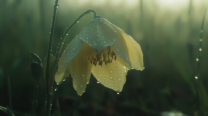 Aufkleber - Captivating Close-Up of a Dew-Kissed Yellow Flower in a Serene Field During Early Morning Light with Soft Focus on Gentle Petals and Vibrant Details