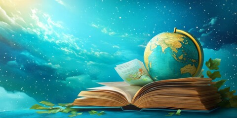Wall Mural - educational exchange programs: students traveling, books, and globes symbolizing study abroad