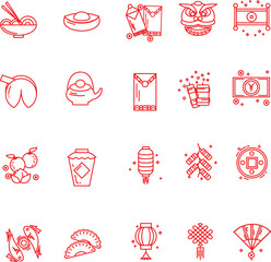 Wall Mural - red icon set of chinese new lunar year celebration greeting ornament decoration decor. thin line ico