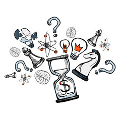 Aufkleber - Hand-drawn sketch style of various objects like chess pieces, puzzle, question marks, brains, and hourglass arranged on a white background, concept of brainstorming and problem-solving