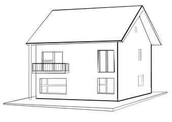 Fototapete - A sketch of a two-story house with a sloped roof, balcony, and windows. And white drawing style on a white background. Concept of architectural design