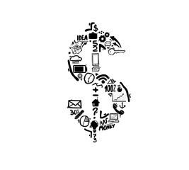 Wall Mural - Hand-drawn dollar sign made of various business-related icons, symbols, and ideas arranged on a clean white background. Concept of finance and economy