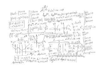 Poster - Hand-drawn mathematical equations, formulas, and graphs shown on a clean white background. Illustration of complex mathematical concepts and functions