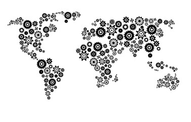 Fototapete - World map of continents made from gears and cogs shapes, isolated and shown on a white background. Represents the concept of global engineering and innovation