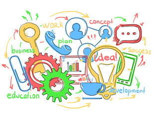 Aufkleber - Hand-drawn sketch of business and education concepts with gears, lightbulb, and icons on a white background. Depicts creativity and planning ideas