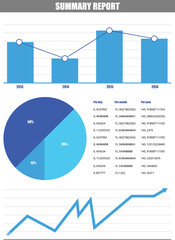 Poster - Business summary report with bar graph, pie chart, and line graph showing statistics and trends. Blue color scheme on a white background representing data analysis