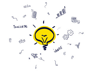 Aufkleber - Hand-drawn lightbulb in yellow with surrounding business-related icons like a rocket, graphs, and gears. Sketch style on a white background, symbolizing ideas and success