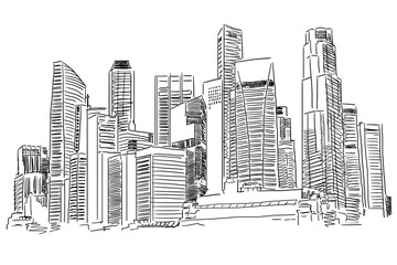 Fototapete - Hand-drawn city skyline featuring tall modern buildings in a sketch style. Simplelines on a white background. Concept of urban architecture