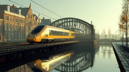 Poster - Modern Train Crossing Historic Bridge at Sunrise, Reflecting on Calm Water in a Peaceful Urban Landscape Surrounded by Classic Architecture and Natural Beauty