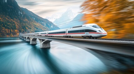 Poster - High-Speed Train Crossing a Scenic Bridge in Autumn Landscape with Mountains and Lake - Captivating Motion Blur Effect