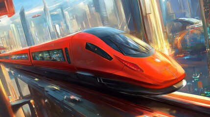 Poster - Futuristic High-Speed Train Travelling Through a Vibrant Cityscape with Skyscrapers and Advanced Technology in a Sci-Fi Inspired Setting