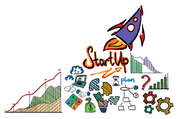 Wall Mural - A colorful hand-drawn illustration showing a startup concept with a rocket, charts, business icons, and StartUp text on a white background. Concept of growth