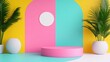 © Intelligent Horizons - Vibrant product set against a backdrop of playful abstract shapes in a minimalist studio mockup scene  The composition features a podium or platform in a pastel color palette