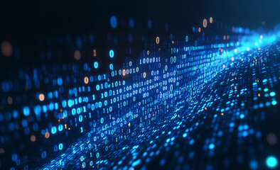 Wall Mural - An abstract, blue-glowing digital waterfall of binary code and lights on a dark background, representing an AI technology concept