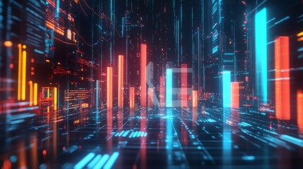Poster - Futuristic Digital Cityscape with Neon Lights and Data Patterns in a 3D Virtual Environment, Representing Technology and Innovation in Modern Digital Landscape