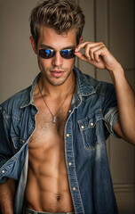 Wall Mural - a shirtless man wearing sunglasses and a necklace. He is looking at the camera with his hand on his hip.