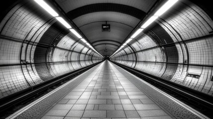 Aufkleber - Long Perspective View of a Subway Platform in Black and White, Featuring Clean Lines, Symmetrical Architecture, and Soft Ambient Lighting for Urban Aesthetic