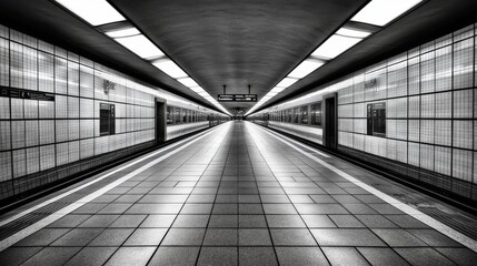 Aufkleber - Minimalistic Subway Platform with Symmetrical Lines and Modern Architecture, Showcasing Monochrome Palette and Empty Space for Urban Transportation Concept
