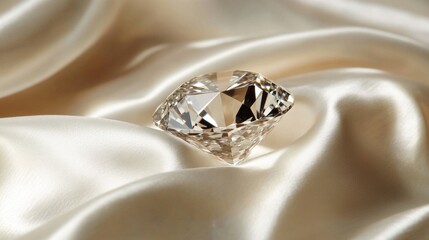 Aufkleber - A Stunning Cut Diamond Sparkling Elegantly on a Silky Cream Satin Fabric Creating a Luxurious and Timeless Visual Appeal for Jewelry and Fashion Lovers
