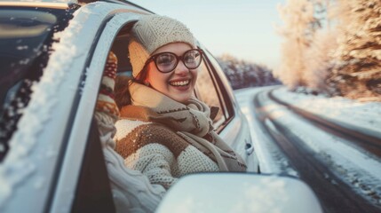 Wall Mural - An excited female tourist was driving alone, enjoying the freedom of a road trip. A woman's joy and freedom in winter shows her love for life and her anticipation for new adventures.