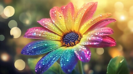 Aufkleber - Vibrant Rainbow Flower with Water Droplets Sparkling in Soft Bokeh Background, Capturing the Beauty of Nature and Colorful Blossom in Springtime