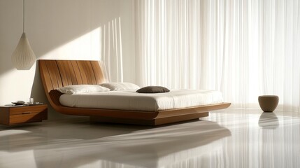 Poster - Modern Minimalist Bedroom Design Featuring Sleek Wooden Bed Frame with Elegant Textiles and Soft Natural Light Illuminating the Space