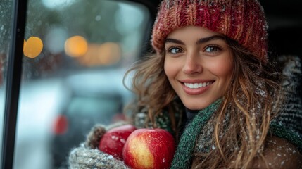 Wall Mural - An excited female tourist was driving alone, enjoying the freedom of a road trip. A woman's joy and freedom in winter shows her love for life and her anticipation for new adventures.