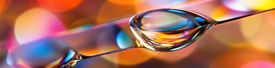 A clear glass prism, refracting a water droplet into a kaleidoscope of color.
