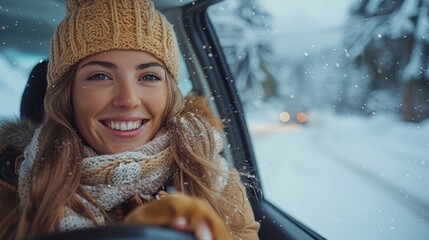 Wall Mural - An excited female tourist was driving alone, enjoying the freedom of a road trip. A woman's joy and freedom in winter shows her love for life and her anticipation for new adventures.