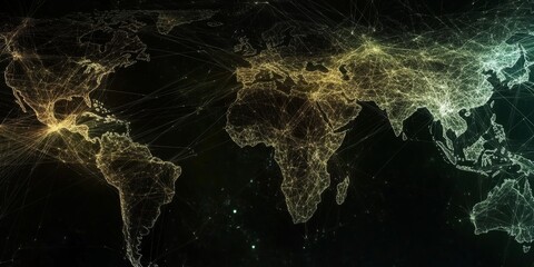 Wall Mural - digital world map : dynamic digital map with interconnected lines between countries