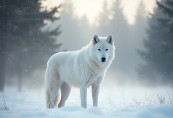  A white arctic wolf standing in a snowy forest, with trees and branches in the background