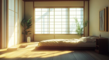 Aufkleber - Serene Minimalist Bedroom with Natural Light and Japanese-Style Interior Design Featuring Shoji Screens and Tropical Plants