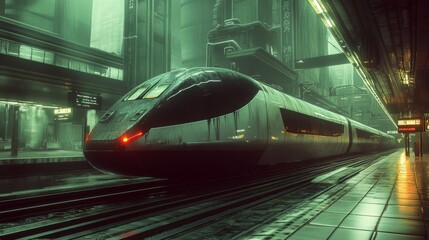 Aufkleber - Futuristic High-Speed Train Station at Night with Neon Lights and Urban Architecture in a Dystopian Setting, Sleek Locomotive Ready for Departure