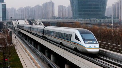 Poster - Modern high-speed train travels on elevated track with urban skyline in background, showcasing transportation advancements in a bustling city environment