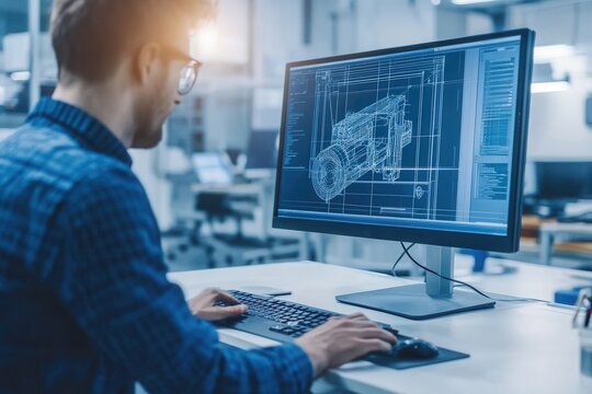 industrial engineer designing using cad software on desktop computer in modern factory