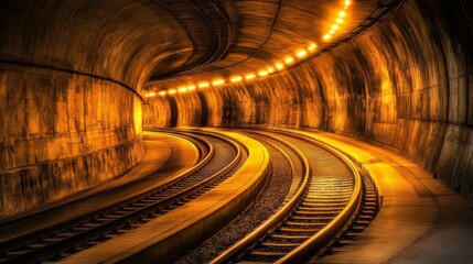 Fototapete - Captivating Curved Train Tunnel Illuminated by Warm Yellow Lights, Offering a Unique Perspective on Underground Rail Infrastructure
