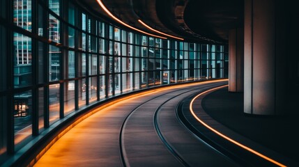 Aufkleber - Modern architectural interior featuring a curved walkway with illuminated edges inside a glass building, showcasing urban design and contemporary aesthetics.